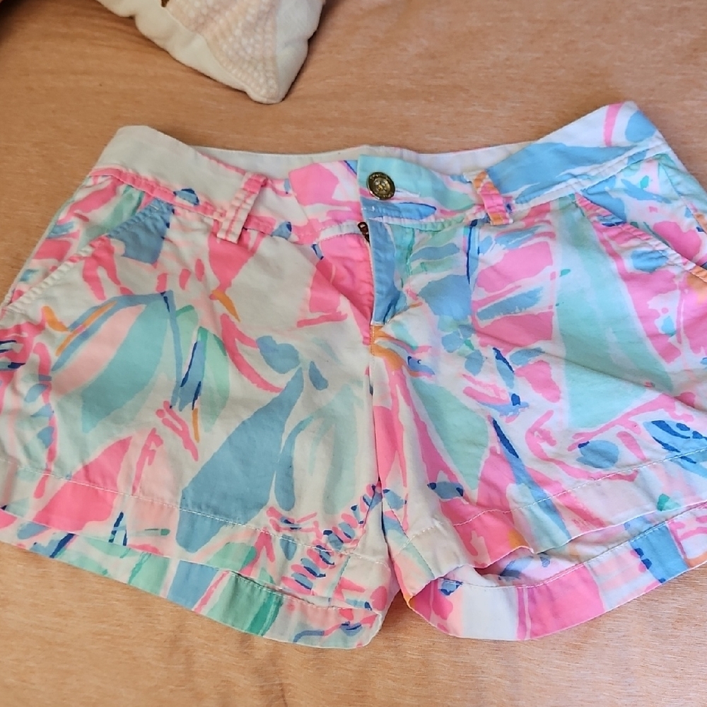 Lilly Pulitzer Pink and Blue Bermuda Shorts with Tropical Flair. Great condition